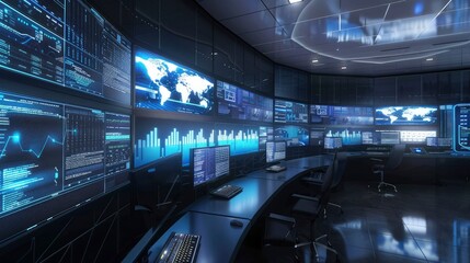Advanced cybersecurity analytics displayed on multiple digital screens in a control room