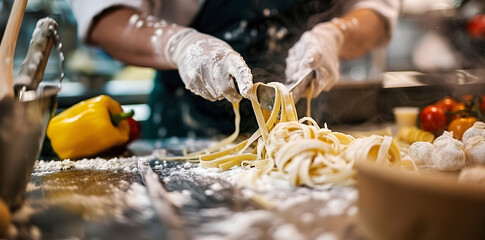 Close up man's hands making homemade pasta on a black background
