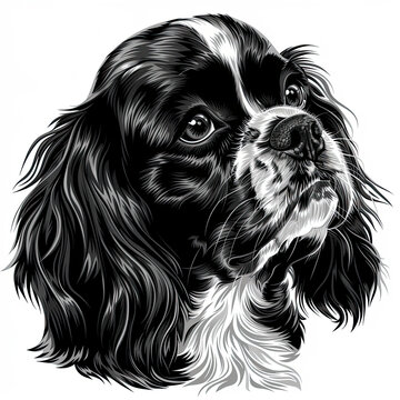 recommend clip art: A black and white drawing of a Cavalier King Charles Spaniel dog