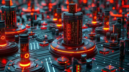 3D render of a cyber defense grid with interconnected secure nodes and encrypted pathways
