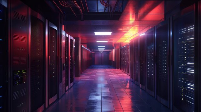 3D visualization of a secure server room with cybersecurity protocols in action