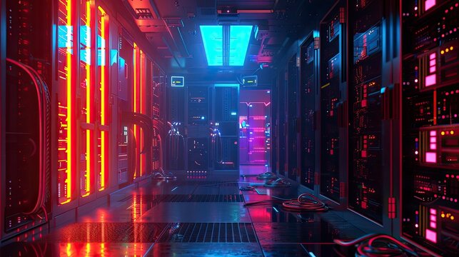 3D visualization of a secure server room with cybersecurity protocols in action