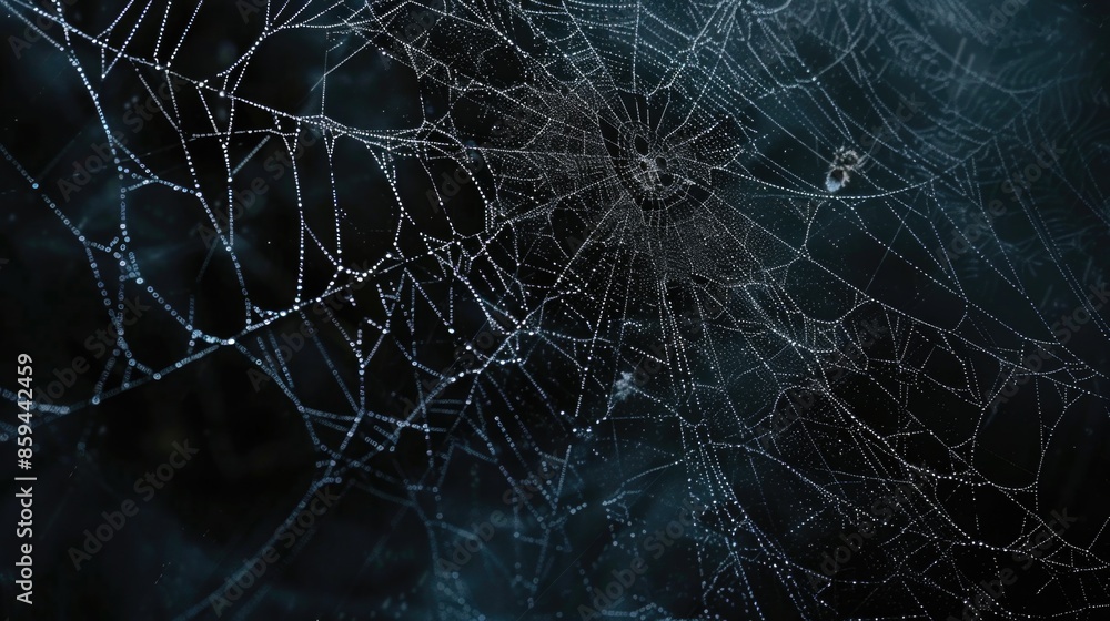 Poster a close-up view of a spider web with water droplets glistening on the intricate threads