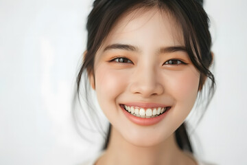 Closeup portrait of beautiful smiling Asian woman with smooth healthy skin