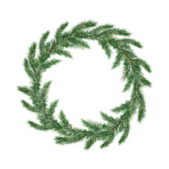 Christmas wreath watercolor. Fir green branches. Hand drawn illustration isolated on white background. For Christmas and New Year cards, invitations, labels, banners, brochures.