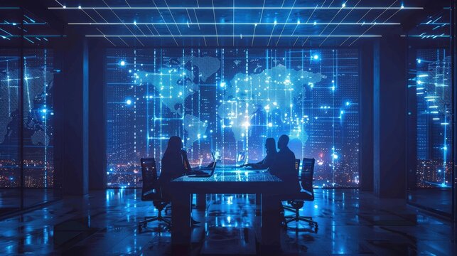 Business team strategizing in futuristic office with digital world map overlay, representing global networking and technology.