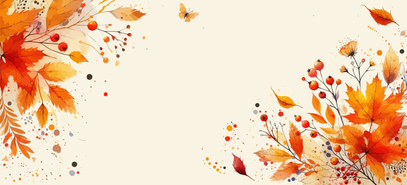 Autumn leaves border. Frame of falling autumn leaves. Leaf fall. Autumn flying leaves background with watercolor  leaves . Abstract art autumn minimalistic background with brush texture
