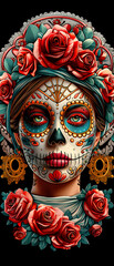 Naklejka premium A woman with a skeleton face and a flower headdress. The flowers are red and green
