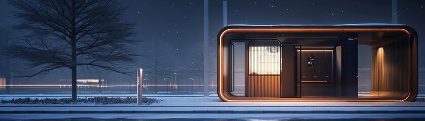 Obraz premium Create a visual concept for a prototype of a wooden sustainable futuristic yet accessible communication station in the form of an advanced yet retro and vintage style phone booth t