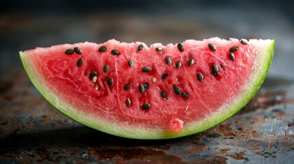 Fresh Watermelon Slice with Seeds: A close-up of a watermelon slice showing the seeds and texture.  Healthy fruit, sweet, refreshing. Isolated on light background. 