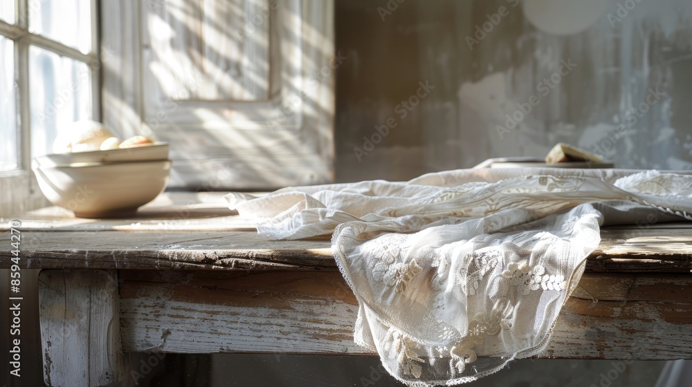 Sticker Vintage wooden table with white linen lace and sunlight Rustic kitchen backdrop