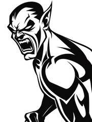 Fototapeta premium A black and white drawing of a man with a demonic appearance. The man is angry and has his mouth open, as if he is yelling. The drawing has a dark and ominous mood