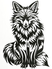 A black and white drawing of a fox with a fierce expression