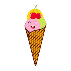Cute ice cream. Ice cream smile face. Summer element foot snack colorful flat design