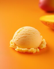 A creamy scoop of mango ice cream, bursting with the flavor of ripe mangoes, against a plain orange background to highlight its tropical sweetness.