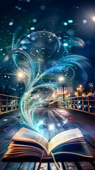 Magical image of open antique book over wooden table with glitter overlay
