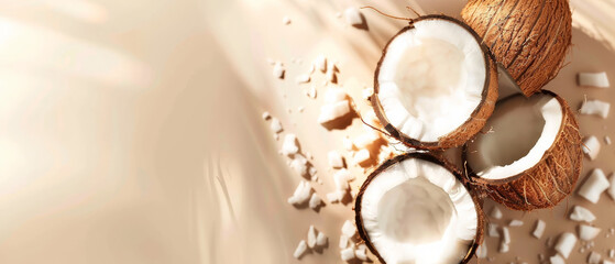 Three coconuts cracked open under golden light, revealing their creamy, white flesh against a sunlit backdrop, embodying a tropical paradise vibe.