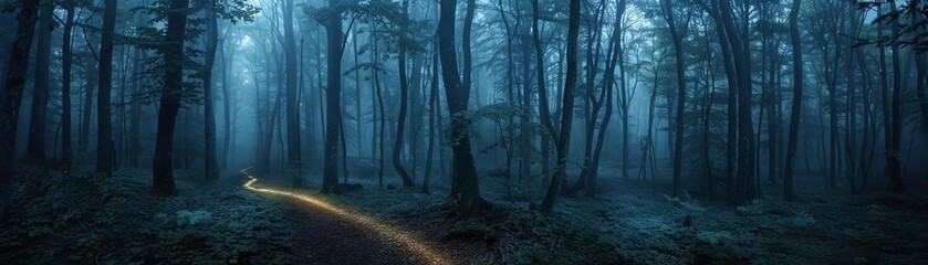 Naklejka premium A dark, ominous forest with a glowing path of light, contrast of darkness and goodness