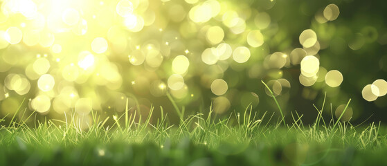 Obraz premium Dew-kissed grass blades shimmer under the golden sunlight, with a dreamy bokeh background.