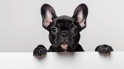 Fearful French bulldog puppy gazes above blank white banner on white backdrop