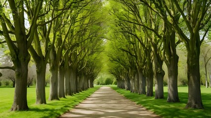 Fototapeta premium An avenue of lime trees in the park of Hundisburg Castle, Germany, Europe, that looks like a tunnel in the springtime with lush green foliage