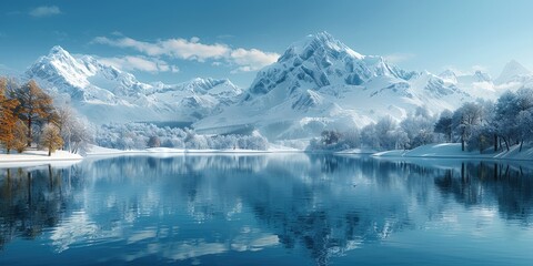 Fototapeta premium Snowy Mountain Landscape with a Tranquil Lake
