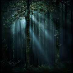 Fototapeta premium The hushed ambiance of a twilight forest is presented with a focus on the interplay of twilight blues and the rich greens and browns of the forest The low light requires a high ISO