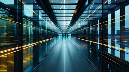 Obraz premium symmetrical wide shot a long corridor in an empty modern open office, dutch tilt, office is lit by streaks of abstract light cinematic still film 