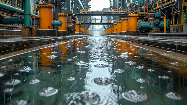 An accumulation of garbage industrial waste in sea, factory in background, showing polluted water