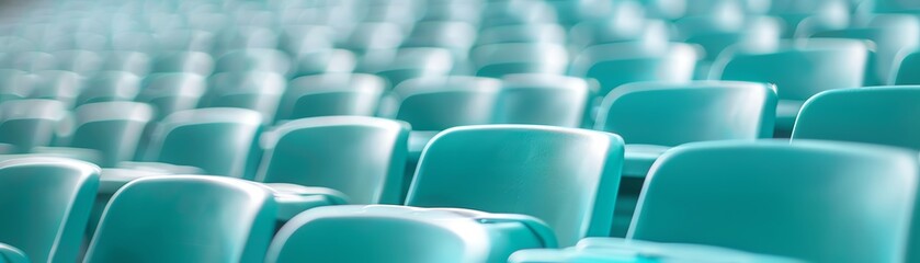 Obraz premium Close-up of empty turquoise stadium seats in rows, creating a pattern and texture. Ideal for sports or events concept imagery.