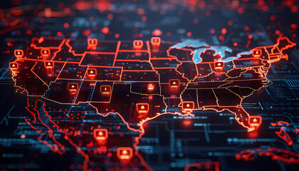 Digital Guardians: Safeguarding the Nation's Data, map of the USA with guardian-like cybersecurity icons positioned over key cities, vigilance over national data assets
