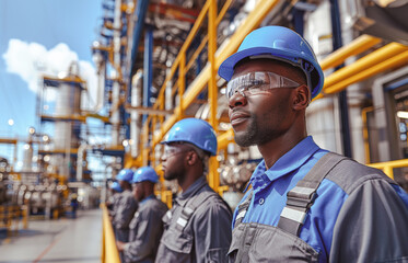 Worker African American uniform industrial plant, makes survey, checking equipment against