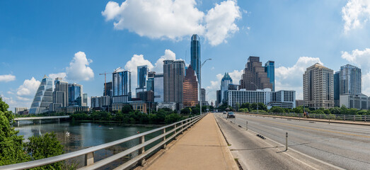Panorama of modern apartment buildings and offices by the Colorado River in cityscape skyline from...