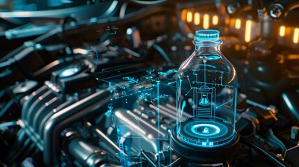 Futuristic Engine Maintenance Concept with Holographic Oil Can Icon and Schedule Projection