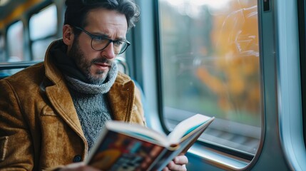 Man reading a book on a train, commuting business story