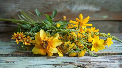 Rustic bouquet of summer meadow s yellow flowers on wooden backdrop