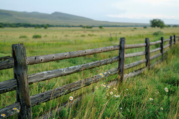 Wooden fence to protect the pasture. Green meadow on the background. Country style