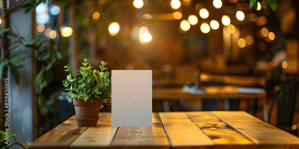 Poster empty menu frame on wooden table in a restaurant setting with a blurred background. concept menu dis