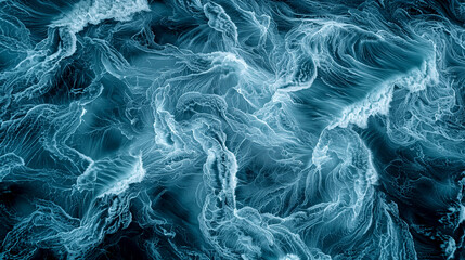 Obraz premium The image is of a body of water with waves and foam. The water appears to be blue and has a wavy texture. Scene is calm and serene, as the waves gently lap against the shore