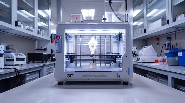 A state-of-the-art 3D printer in a biomedical engineering lab, creating prosthetic parts layer by layer. Photographed using a wide-angle lens to encompass the intricacy of the technology.
