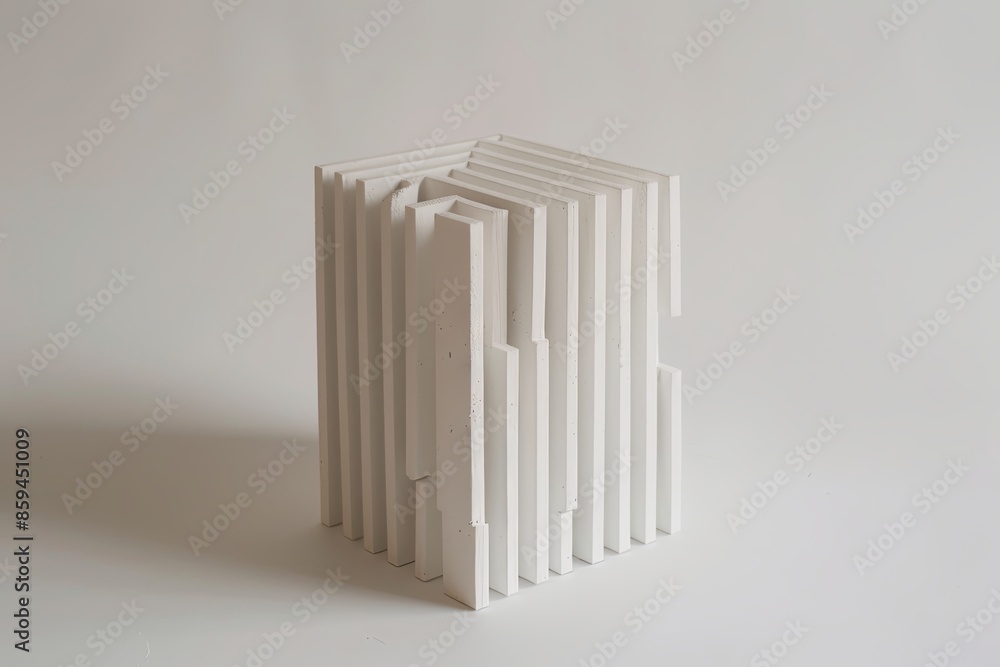 Poster white sculpture consisting of a square formed by vertical lines, standing on a white surface