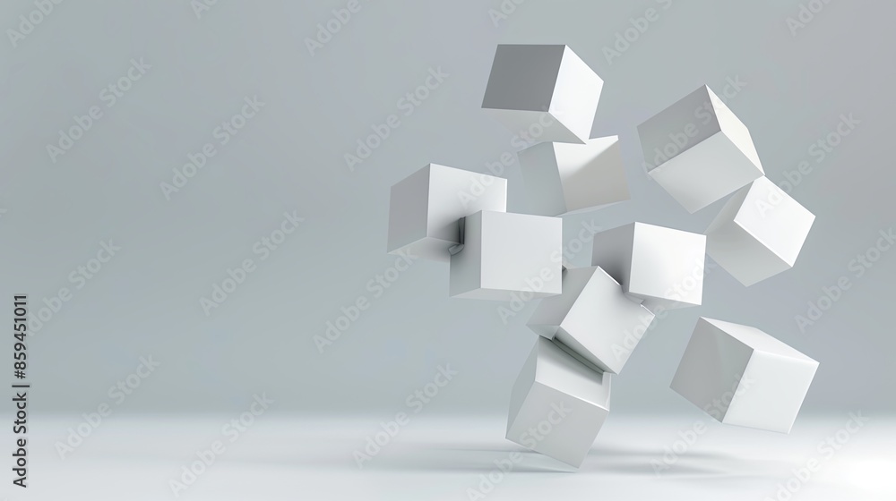 Poster 3D rendering of a minimalist cluster of white cubes floating against a simple, clean background