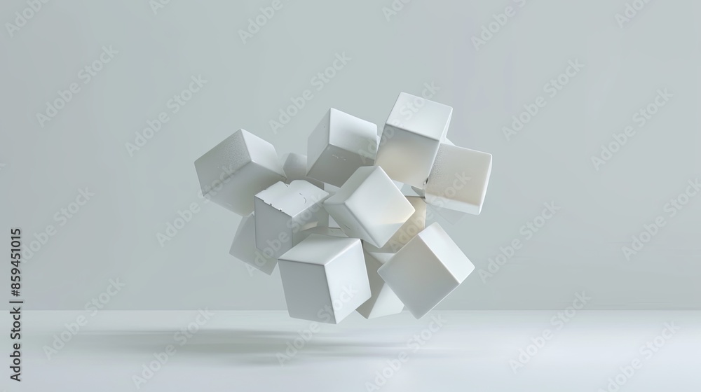 Poster 3d render of cluster of white cubes floating against clean, white background, minimalist in design