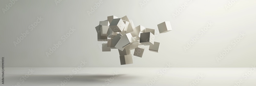Poster 3d render minimalist cluster white cubes joined together, floating against clean white background