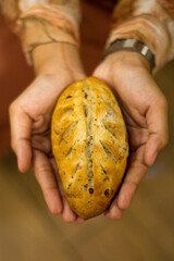 woman's hand holding cranberry cheese soft sourdough