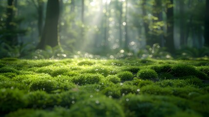 Fototapeta premium Beautiful green moss in the forest, sunlight shines through trees on lush grass and moss, creating an enchanting atmosphere. This scene is filled with tranquility and natural beauty.