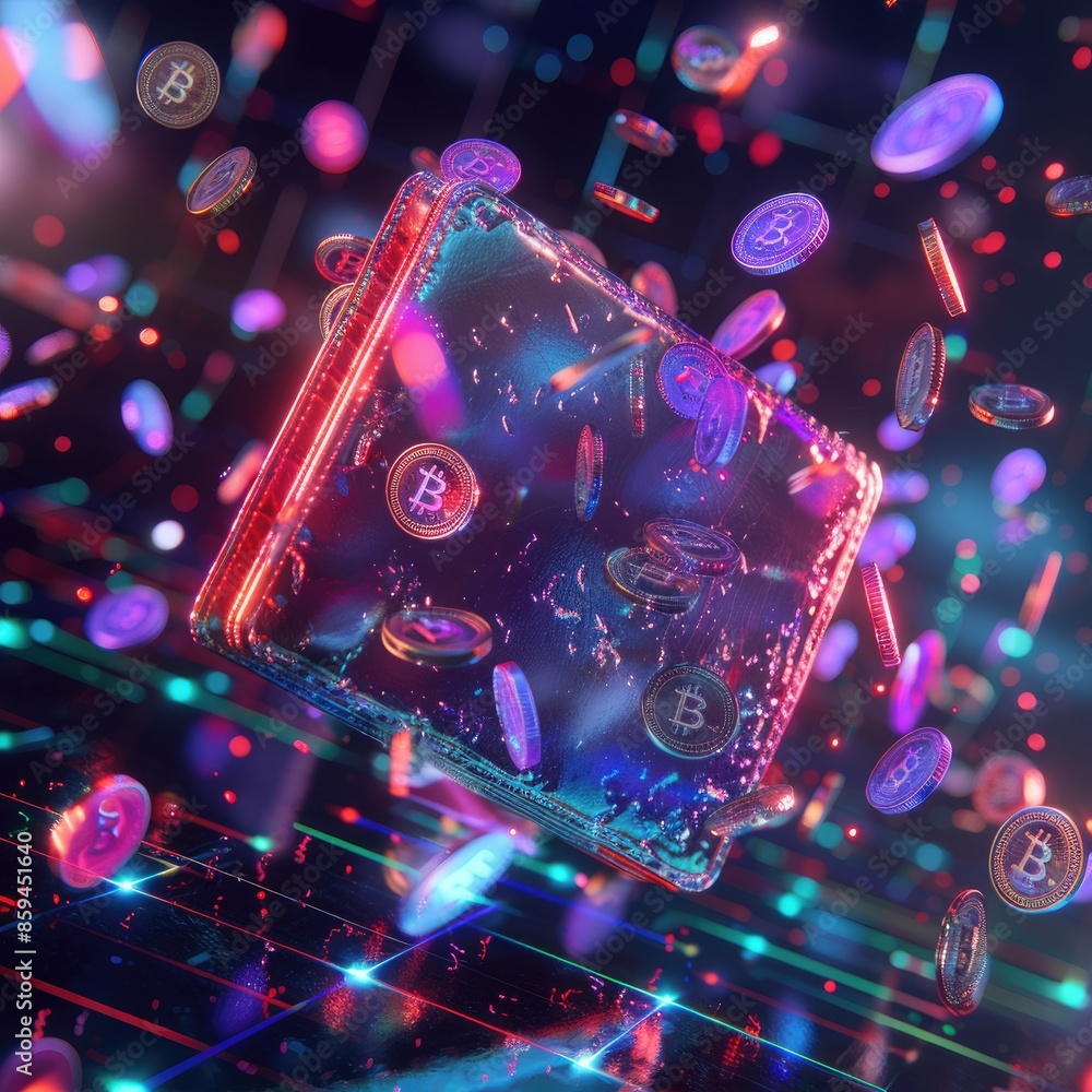 Poster A digital wallet depicted in a 3D environment with vibrant, color-changing digital currency icons floating around it. 