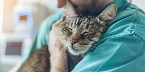 A satisfied veterinarian hugs a cat after the procedures. The concept of care, attention, animal health. Friendly atmosphere. For advertising banners and brochures