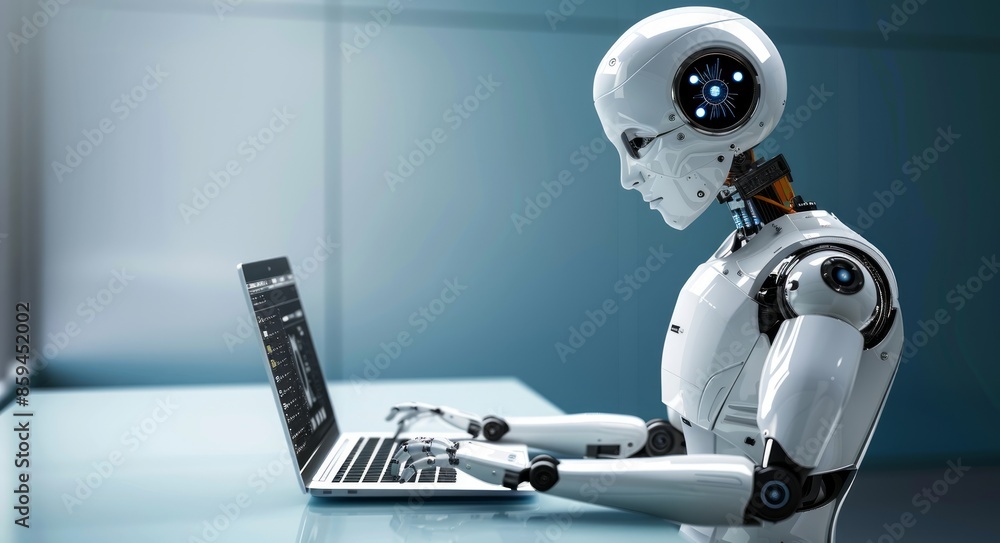 Poster a white robot using a laptop computer