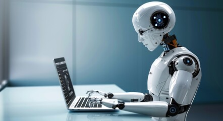 Fototapeta premium A White Robot Using a Laptop Computer